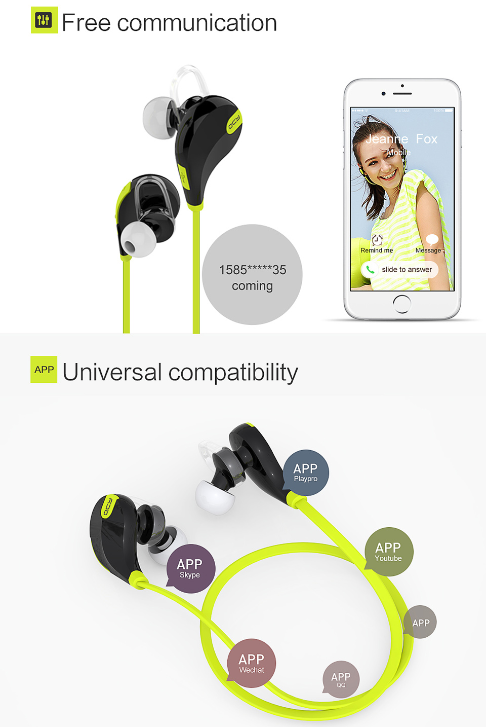 Bluetooth навушники QCY QY7 смартфон і навушники в різних ракурсах