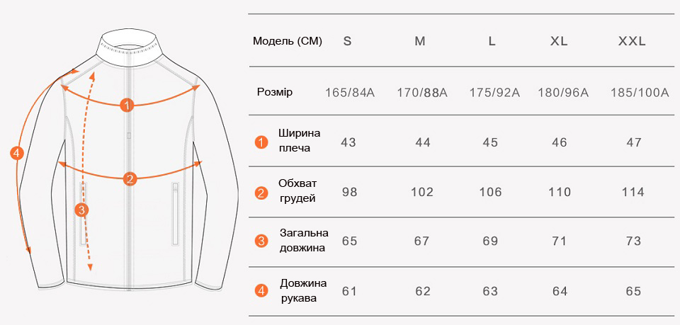 Mi Fleece jacket із зображенням таблиці розмірів