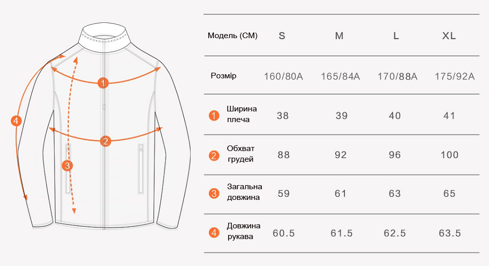 Mi Fleece jacket із зображенням таблиці розмірів