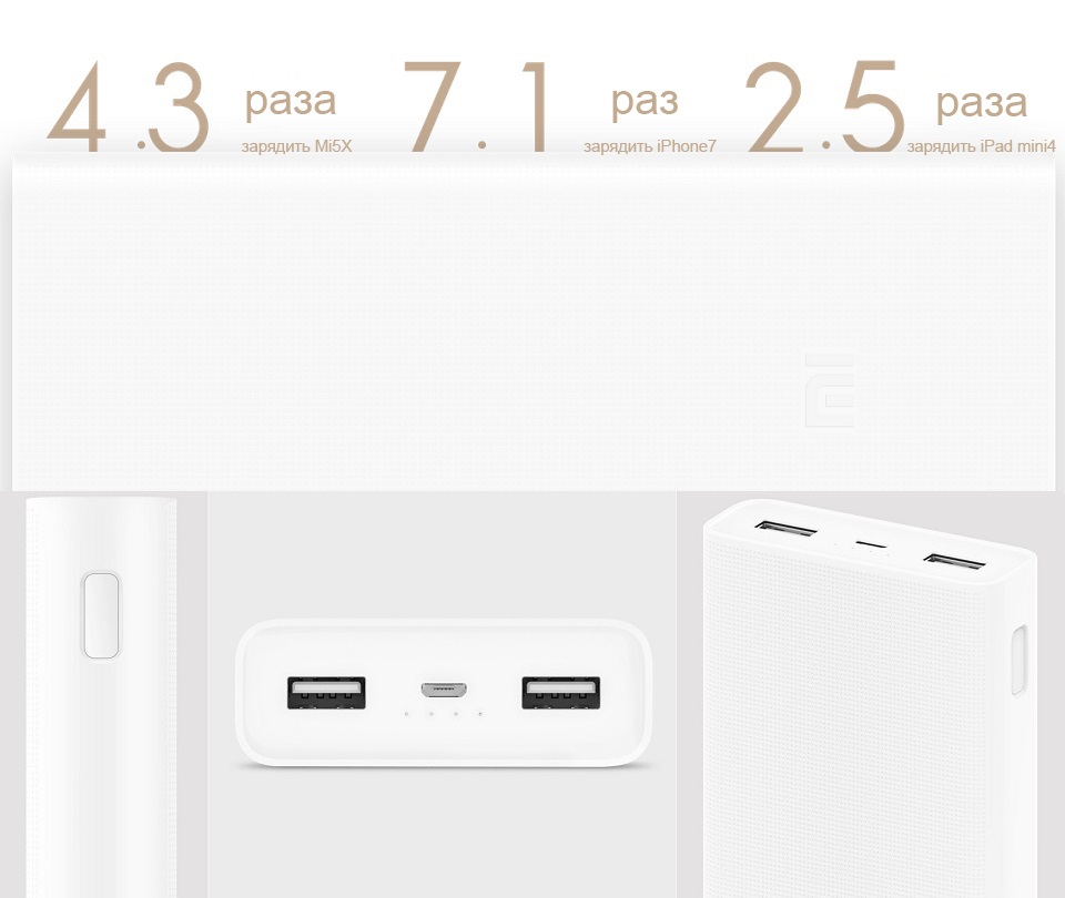 Универсальная батарея Xiaomi Mi power bank 2C 20000mAh White ORIGINAL показатели зарядки устройств