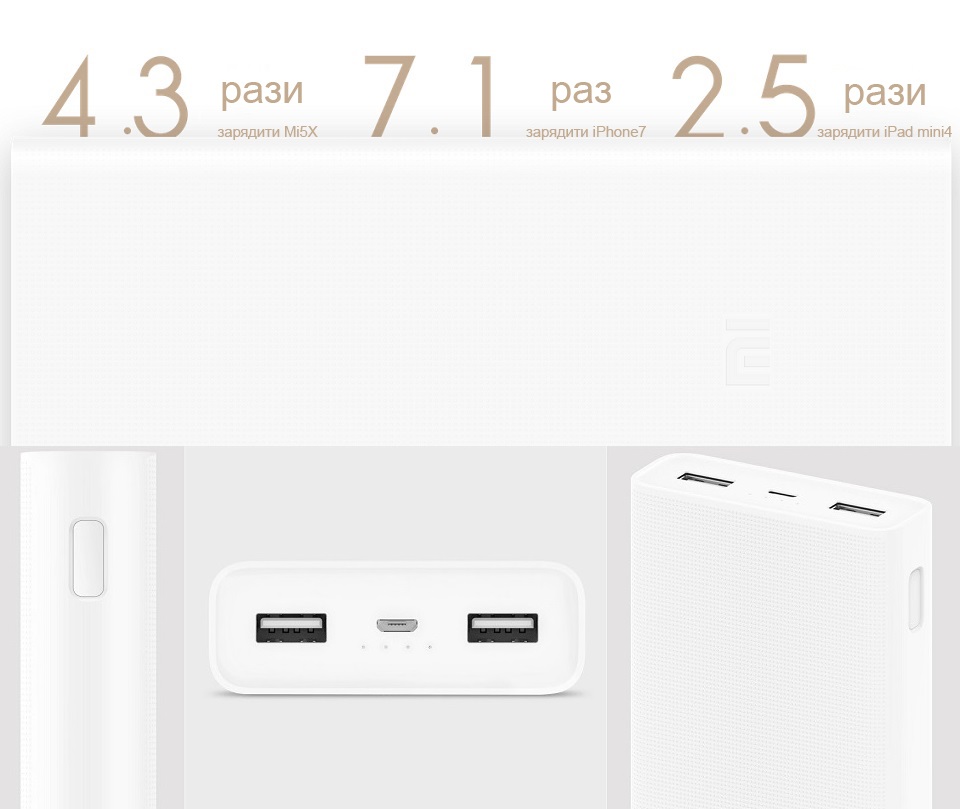 Універсальна батарея Xiaomi Mi power bank 2C 20000mAh White ORIGINAL показники зарядки пристроїв