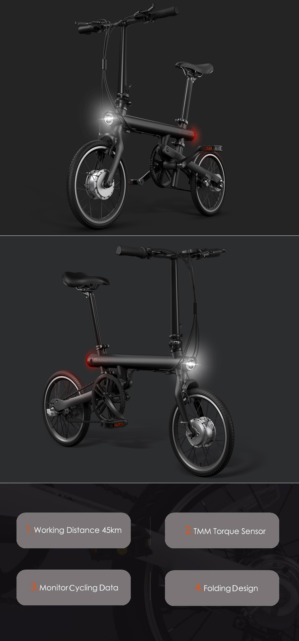 Увімкнена фара QiCycle Folding Electric Bike EF1