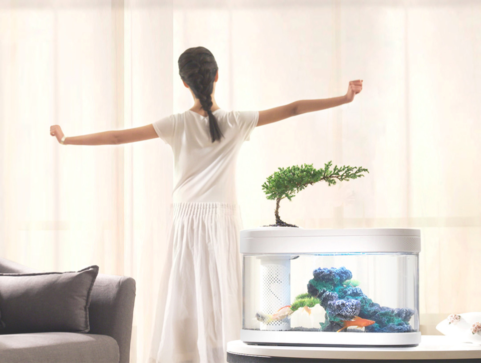 Акваріум Eco fish tank HF-JHYG001 дівчина і акваріум в кімнаті